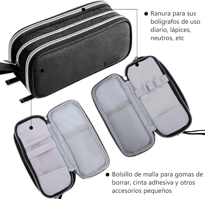 A Estuche para Lapices de Gran Capacidad, SHANDABULIU Estuche Lapicera Multifuncional con Tres Cremalleras, Estuche para Lapiceras Organizadoras Portátil, para Una Amplia Gama de Aplicaciones (Negro).