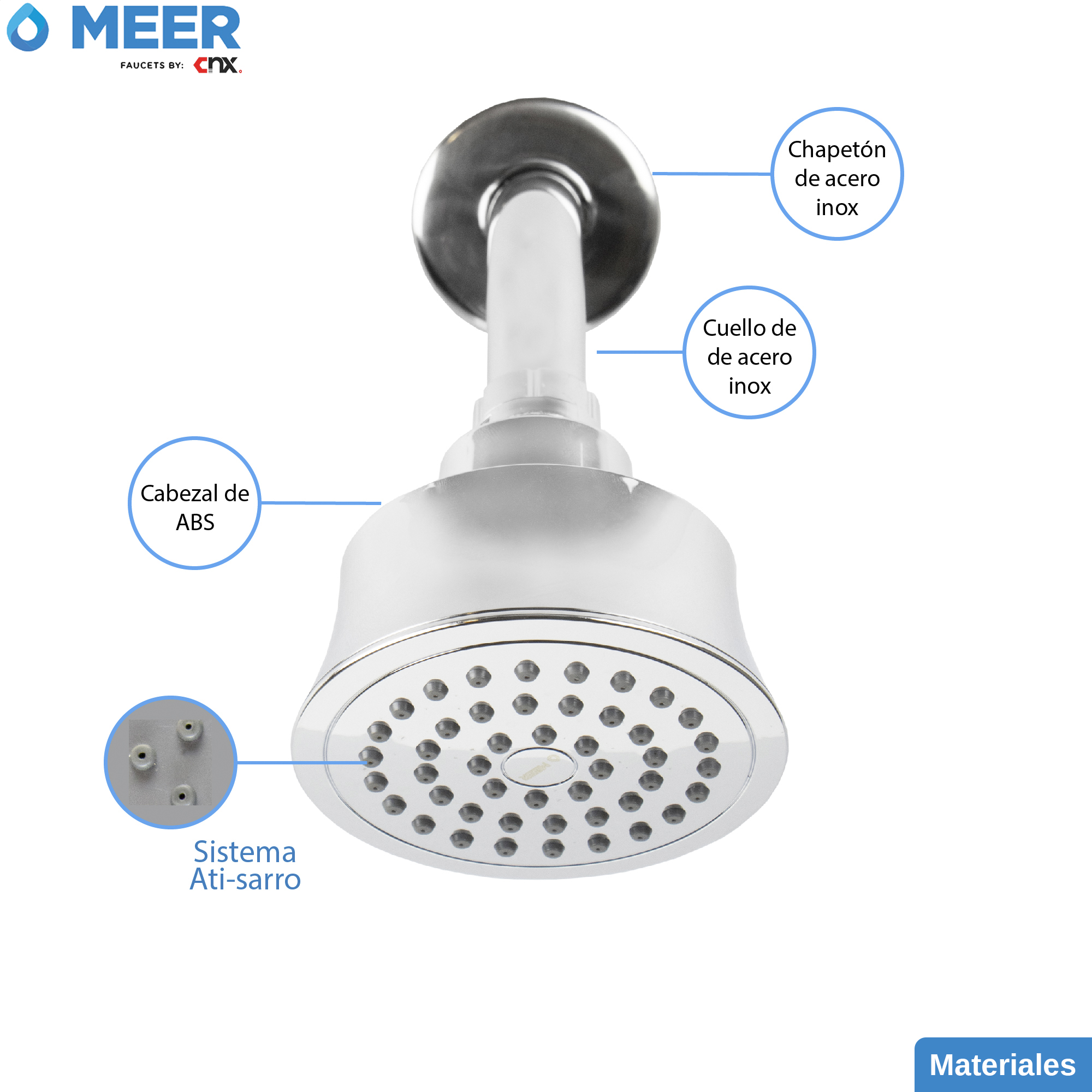 MEER Faucets  by CNX | Regadera Redonda de 10 cm con Cuello de 15 cm, Cabezal de Ducha de ABS con Tubo de Metal Cromado. Multiposición, Anti-Sarro y Funciona con Presión Baja.