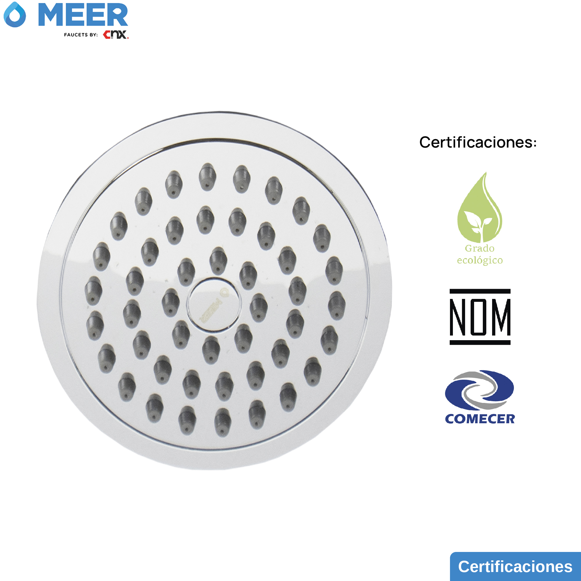 MEER Faucets  by CNX | Regadera Redonda de 10 cm con Cuello de 15 cm, Cabezal de Ducha de ABS con Tubo de Metal Cromado. Multiposición, Anti-Sarro y Funciona con Presión Baja.