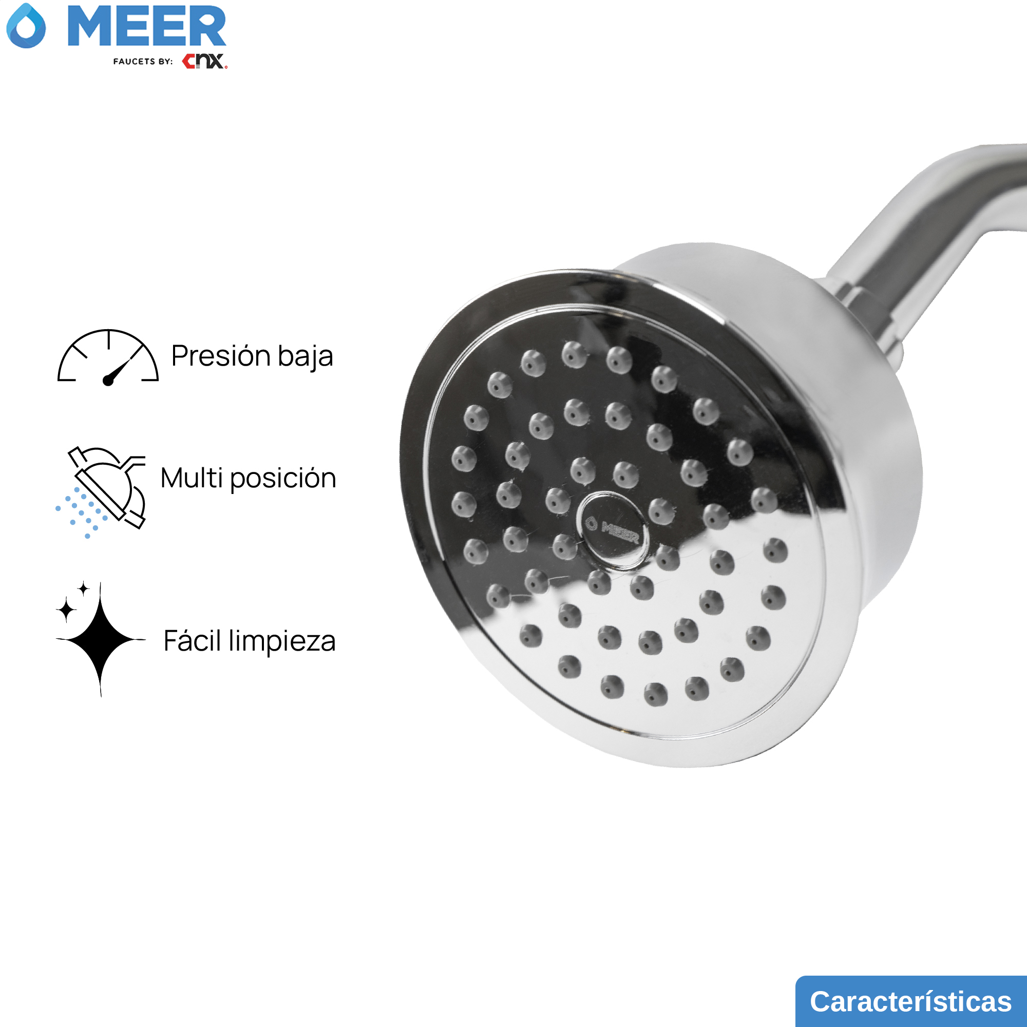 MEER Faucets  by CNX | Regadera Redonda de 10 cm con Cuello de 15 cm, Cabezal de Ducha de ABS con Tubo de Metal Cromado. Multiposición, Anti-Sarro y Funciona con Presión Baja.