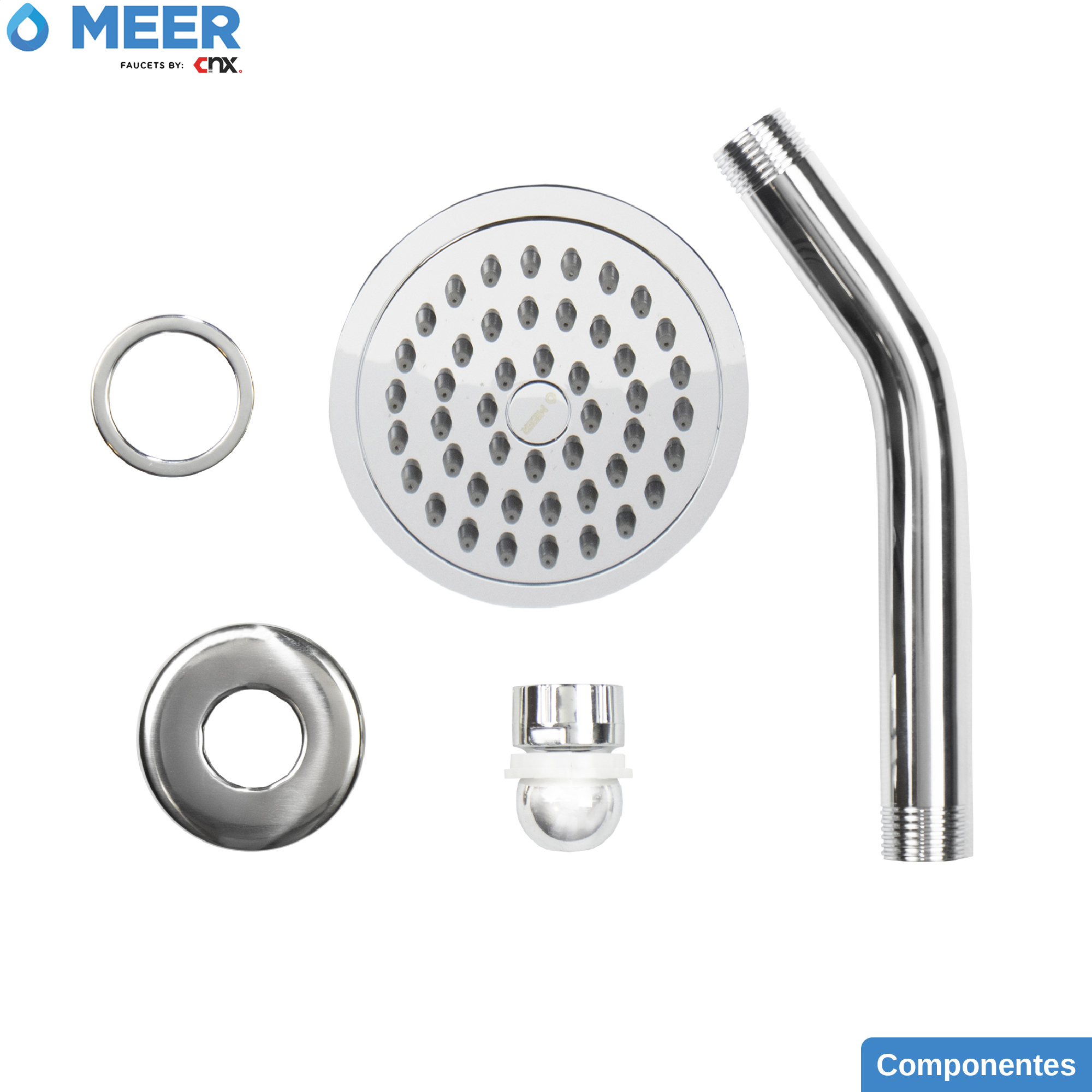 MEER Faucets  by CNX | Regadera Redonda de 10 cm con Cuello de 15 cm, Cabezal de Ducha de ABS con Tubo de Metal Cromado. Multiposición, Anti-Sarro y Funciona con Presión Baja.