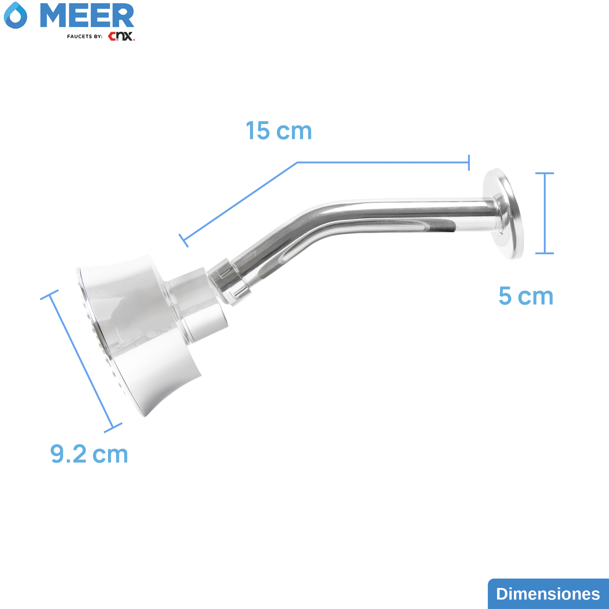 MEER Faucets  by CNX | Regadera Redonda de 10 cm con Cuello de 15 cm, Cabezal de Ducha de ABS con Tubo de Metal Cromado. Multiposición, Anti-Sarro y Funciona con Presión Baja.