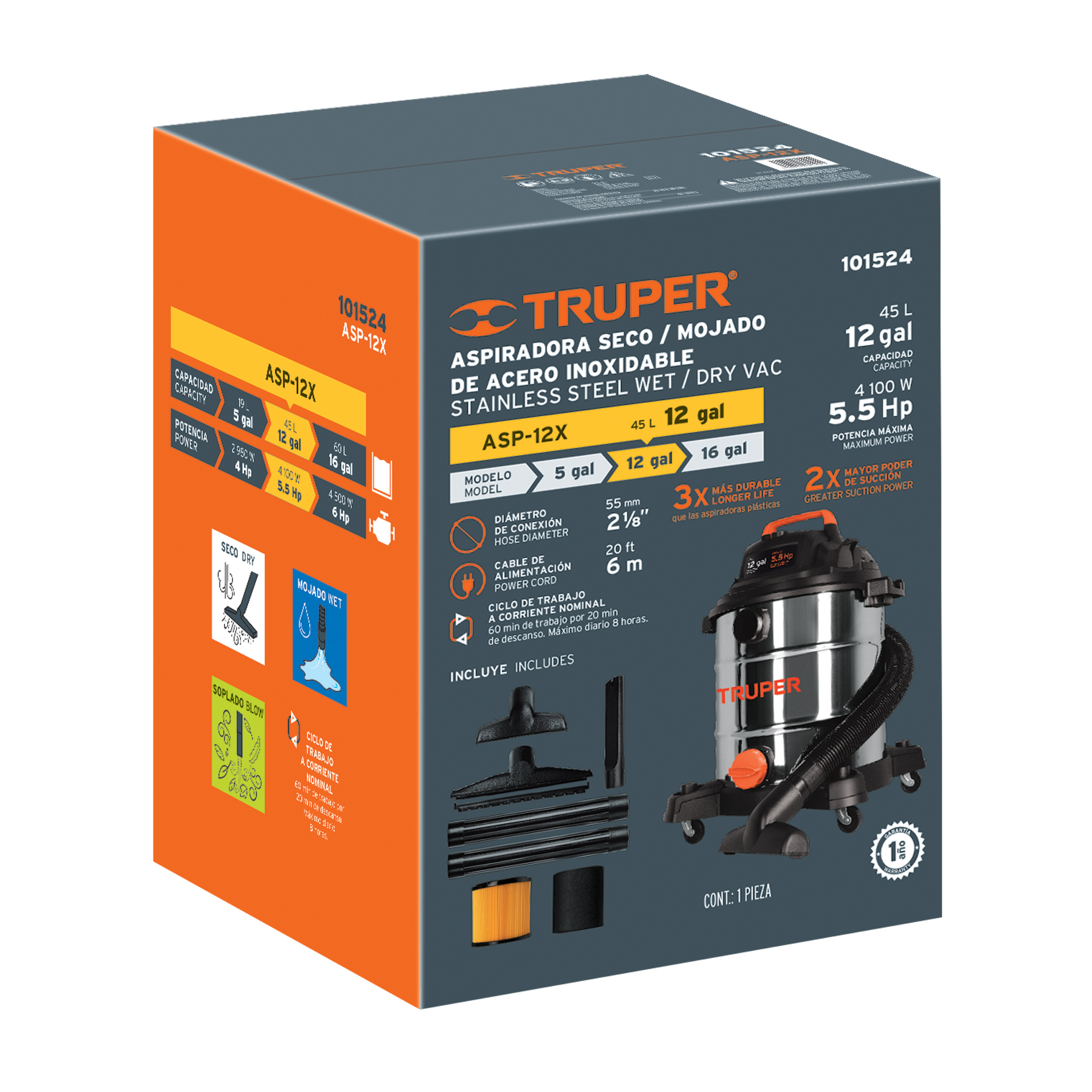 Aspiradora de sólidos y líquidos Truper 12 gal acero inox ASP12X plateado