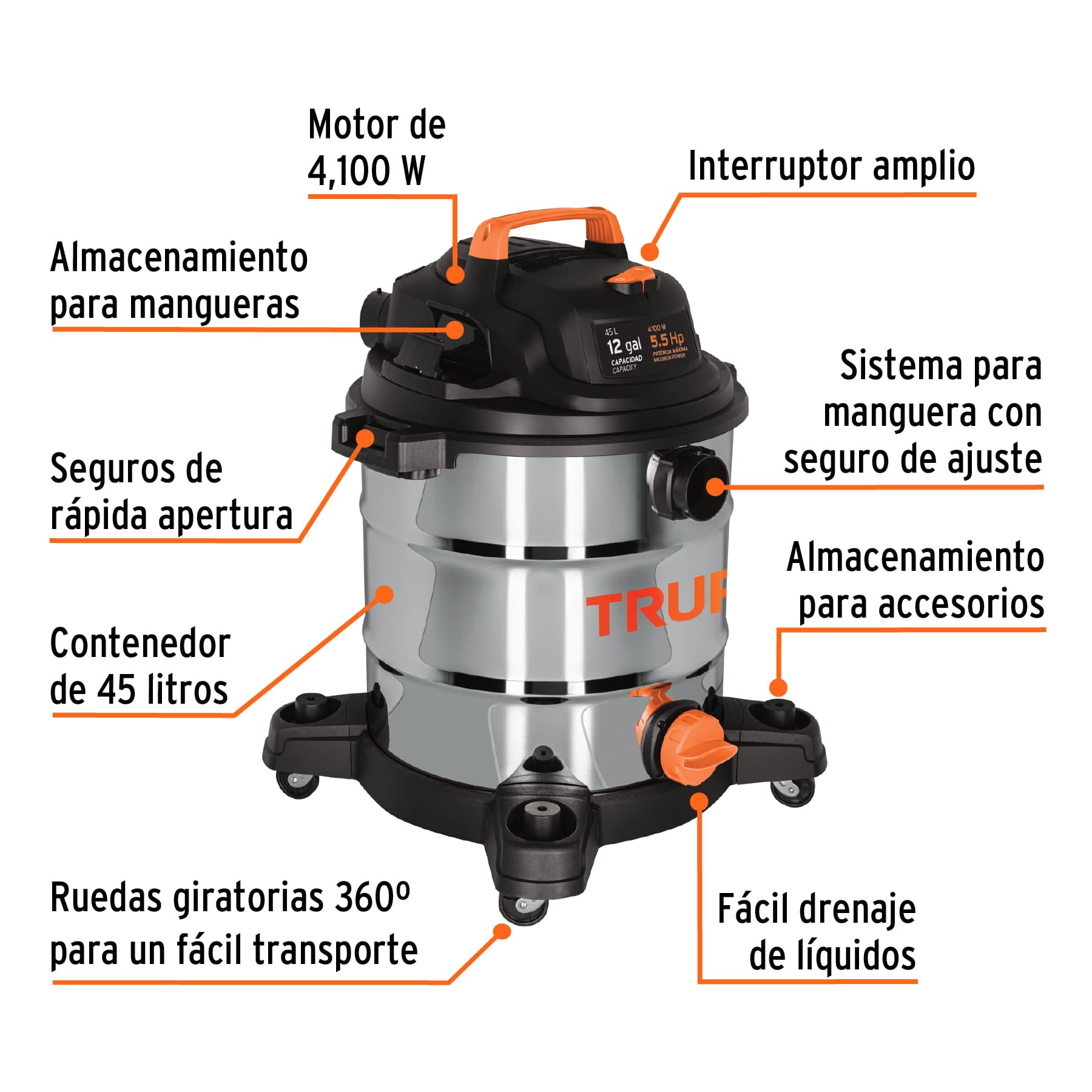 Aspiradora de sólidos y líquidos Truper 12 gal acero inox ASP12X plateado