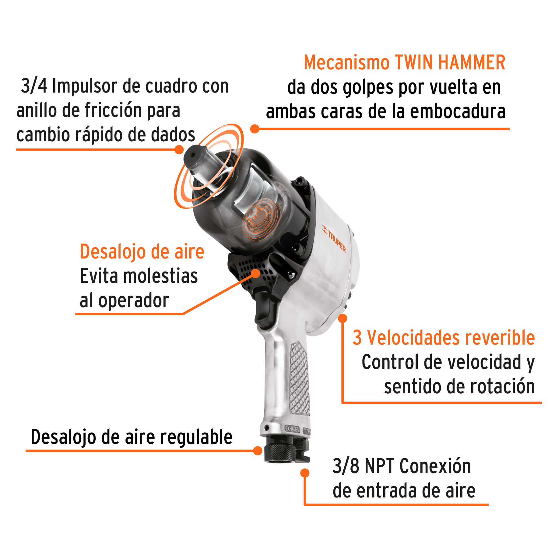 Llave de impacto neumática Truper 3.4 pul industrial TPN776X2 plateado