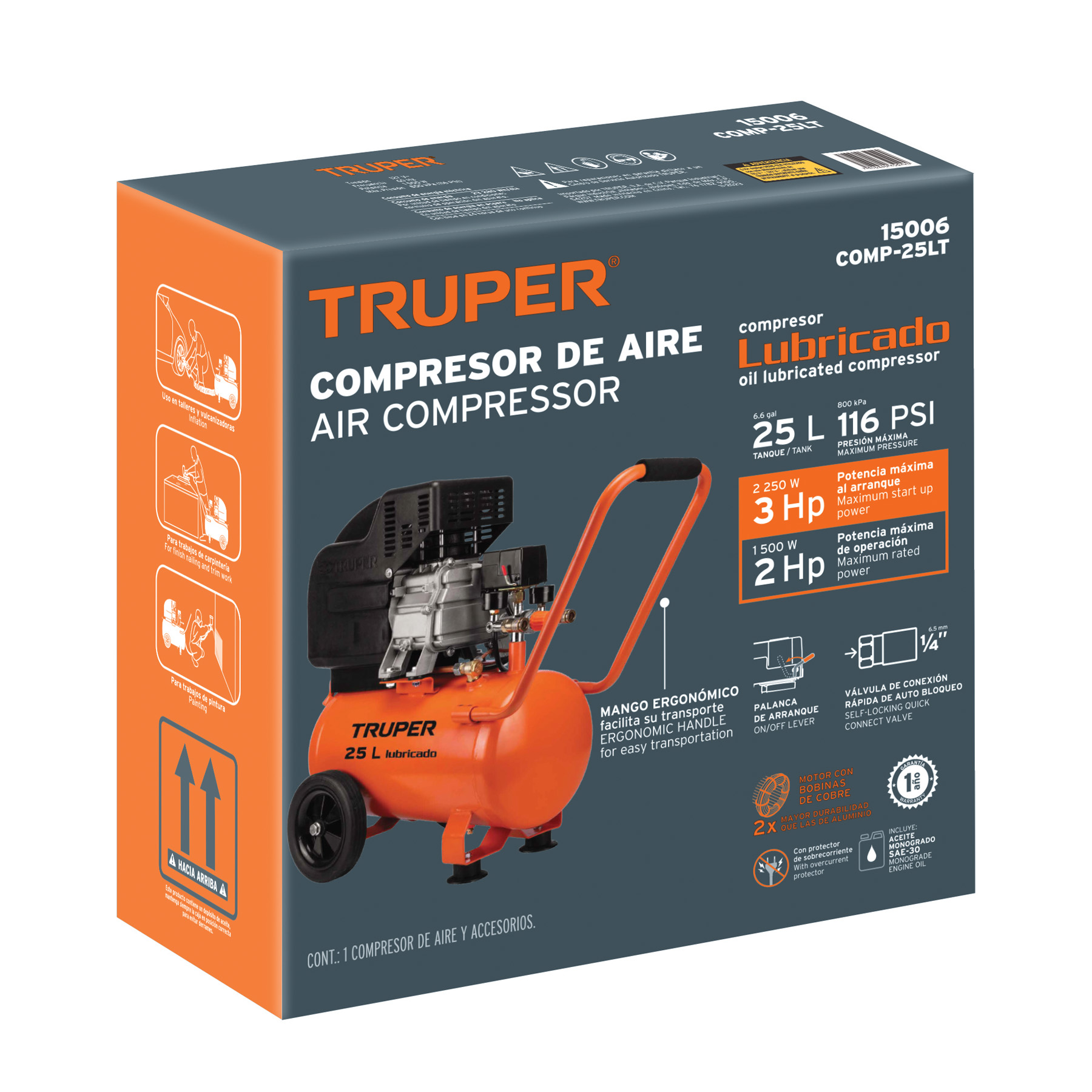 Compresor de aire Truper lubricado horizontal 25L 3HP 127V Truper COMP25LT naranja
