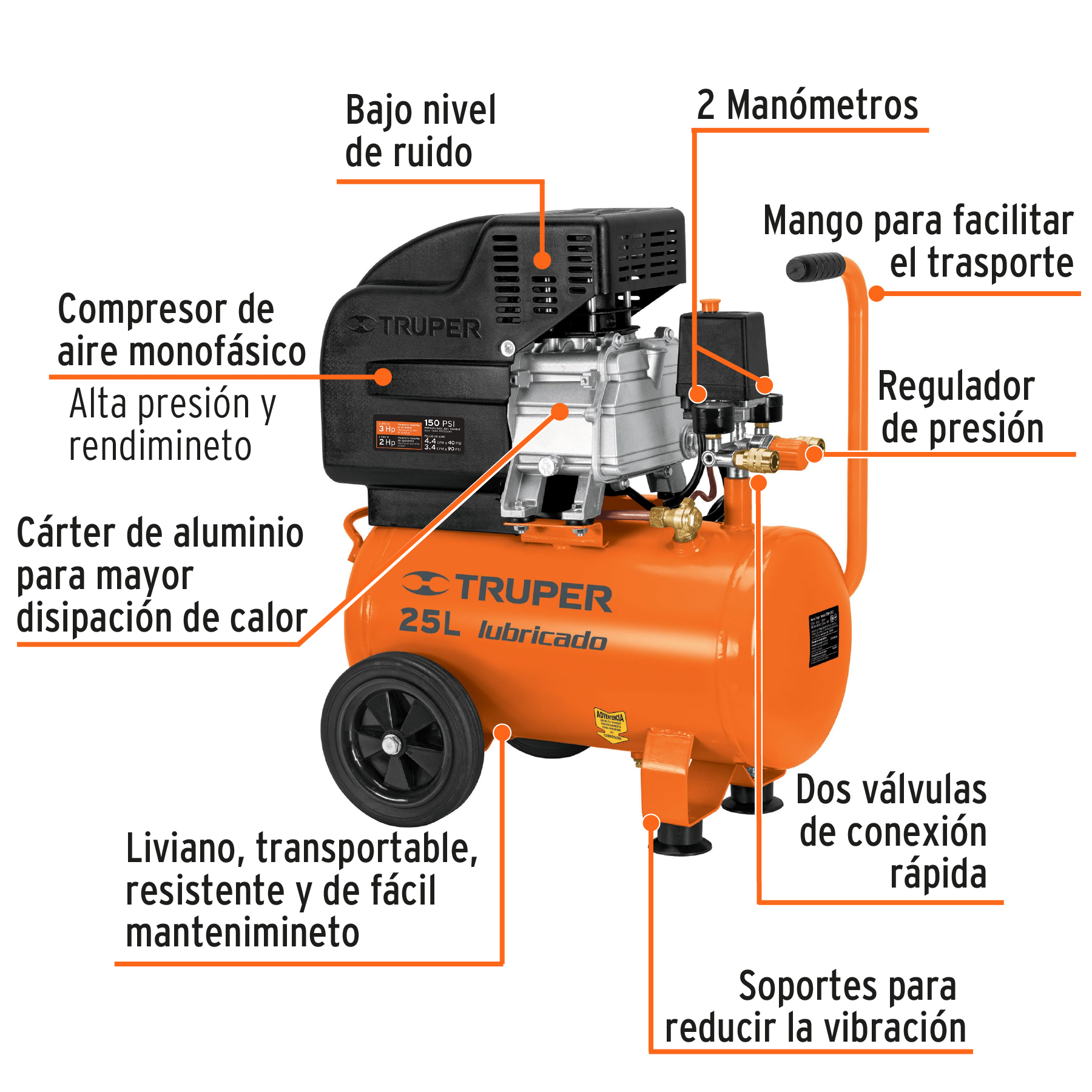Compresor de aire Truper lubricado horizontal 25L 3HP 127V Truper COMP25LT naranja