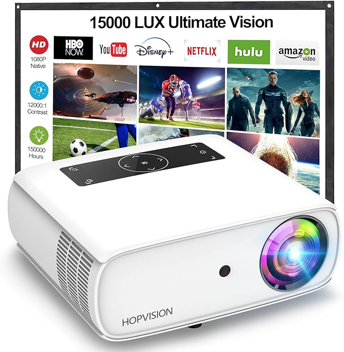 HOPVISION Proyector Native 1080P Full HD, Proyector de película de 15,000 Lux con 150,000 Horas de Vida LED, 4K & 350 pulgadas compatible Proyector, para el SmartPhone/PC/Laptop/PS4/TV Stick/EXCEL/PPT.