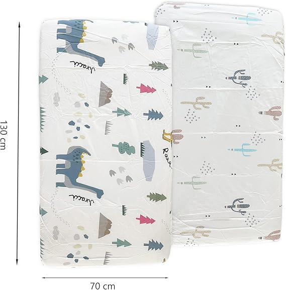 A LANFYFU Sábanas para Cuna de bebé, Paquete de 2 Sábanas de Cuna Esenciales, Seguro y Suave 100% Algodón de 130 * 70 * 22 cm, Juego de Sábanas Neutras para Cuna (Cactus y Dinosaurio).