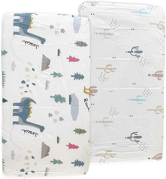 A LANFYFU Sábanas para Cuna de bebé, Paquete de 2 Sábanas de Cuna Esenciales, Seguro y Suave 100% Algodón de 130 * 70 * 22 cm, Juego de Sábanas Neutras para Cuna (Cactus y Dinosaurio).
