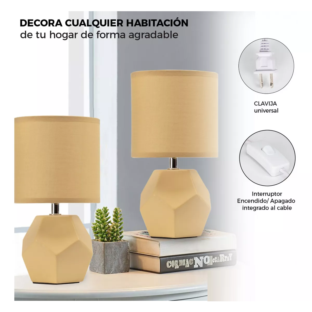 Set De 2 Lámparas De Buró Cerámica Estilo Minimalista 12.5 Estructura Café Pantalla Café.