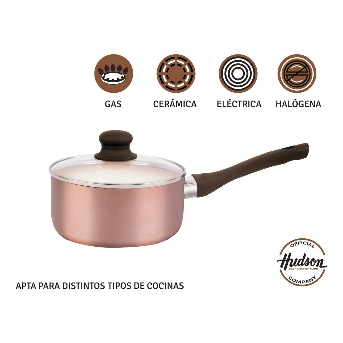 Olla HUDSON 18cm Aluminio Antiadherente con tapa cristal. Color Cobre.
