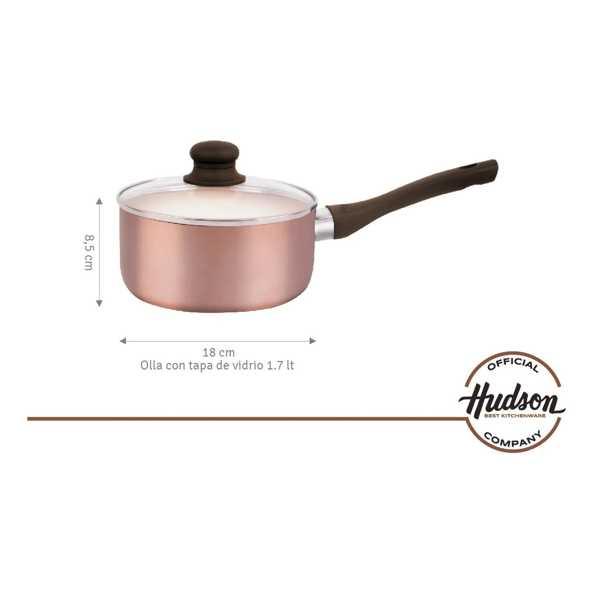 Olla HUDSON 18cm Aluminio Antiadherente con tapa cristal. Color Cobre.