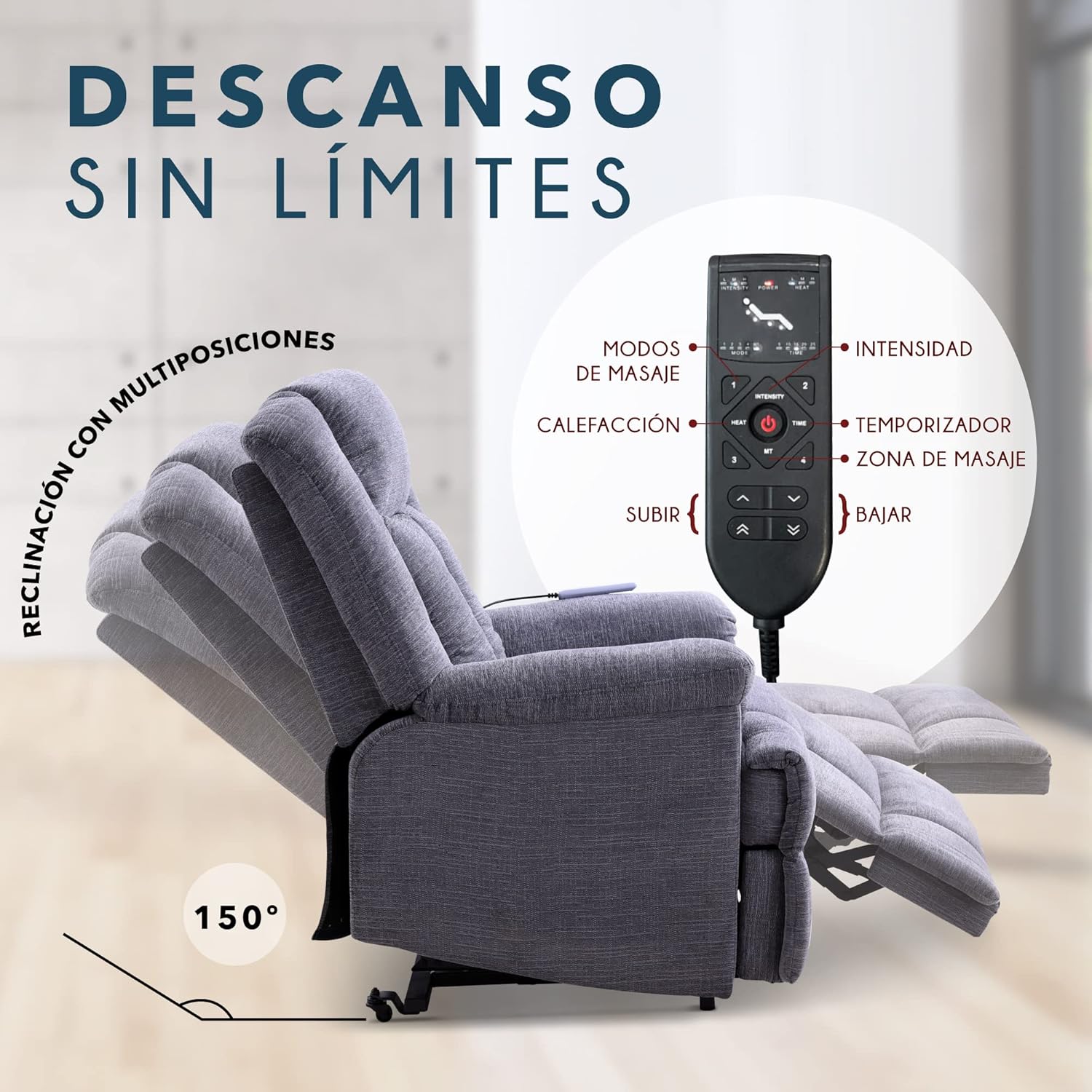 Sillón Reclinable Ixia Eléctrico de Tela con Elevador, Masajeador y Calefacción color Gris.
