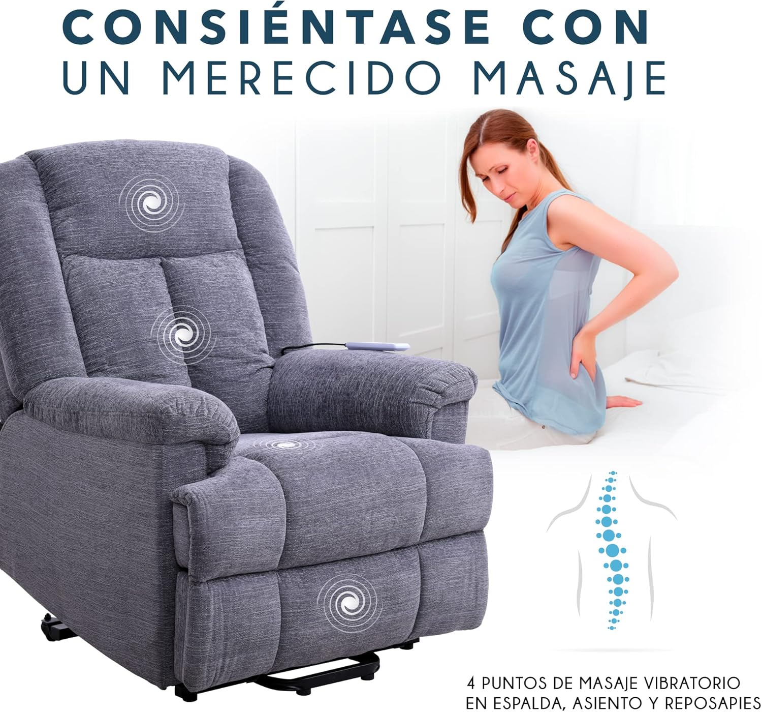 Sillón Reclinable Ixia Eléctrico de Tela con Elevador, Masajeador y Calefacción color Gris.