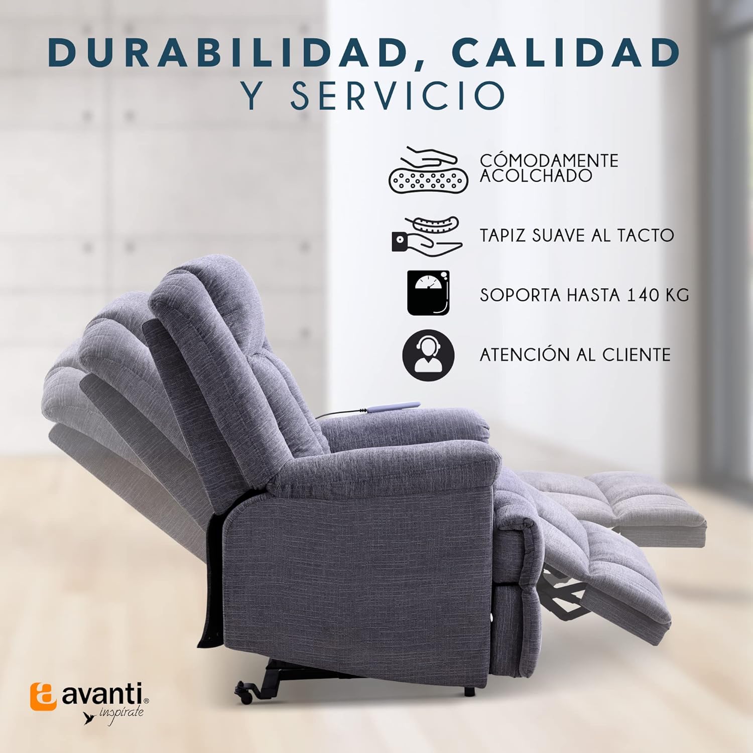 Sillón Reclinable Ixia Eléctrico de Tela con Elevador, Masajeador y Calefacción color Gris.