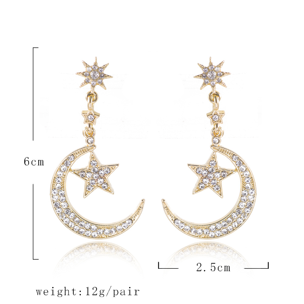 Aretes Pendientes Luna Dos Estrellas Zirconia Mujer Elegante Moda Fiesta Regalo