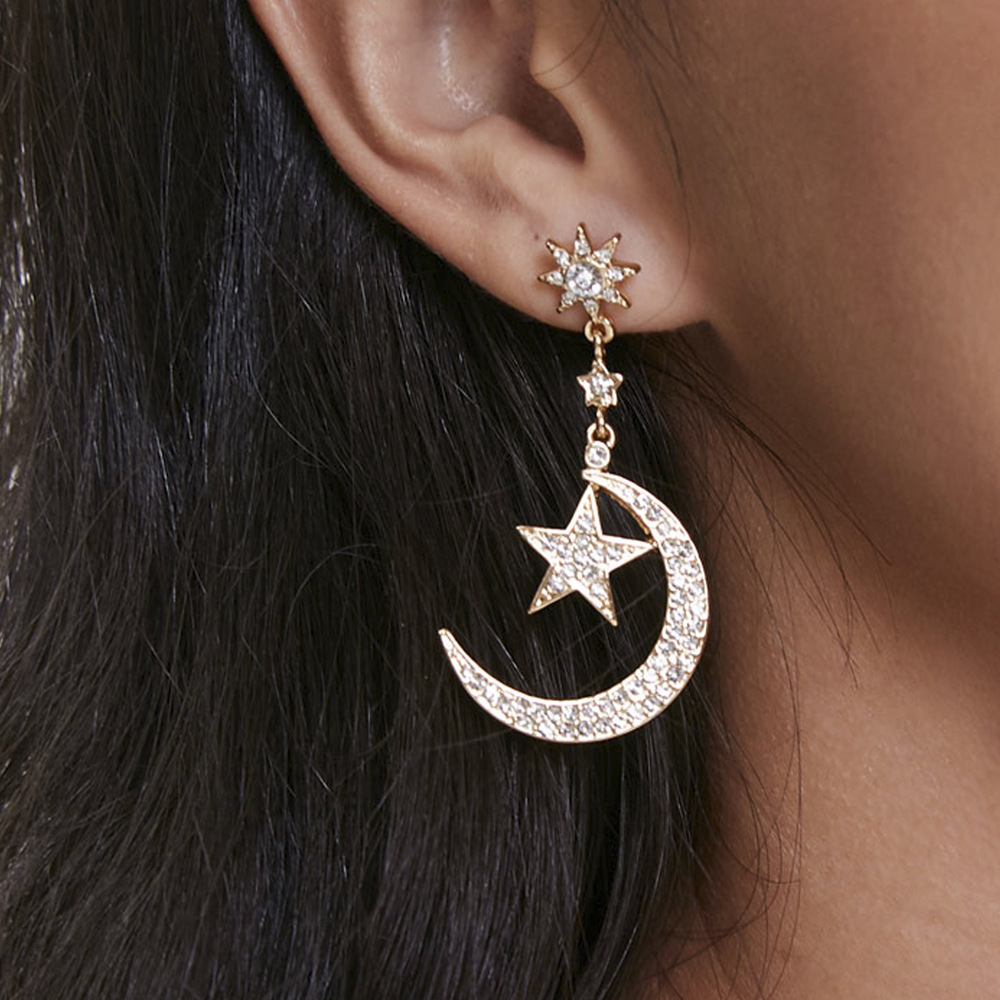 Aretes Pendientes Luna Dos Estrellas Zirconia Mujer Elegante Moda Fiesta Regalo