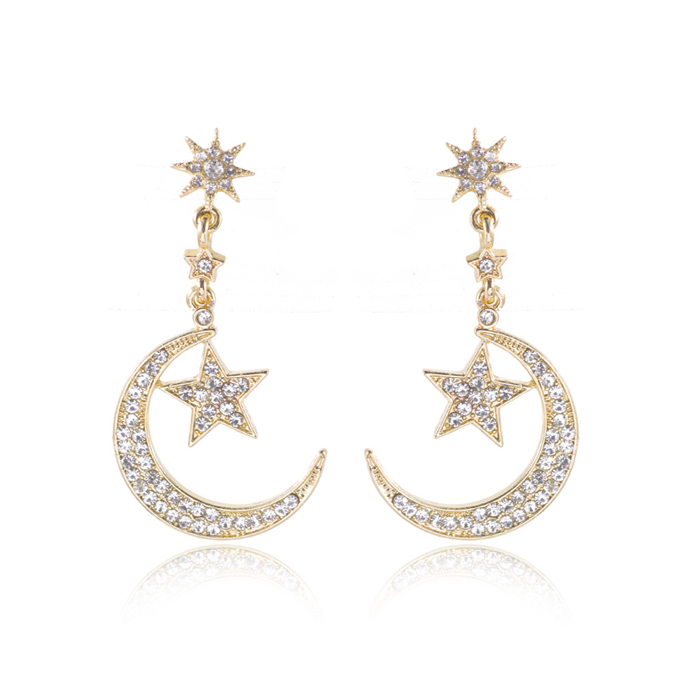 Aretes Pendientes Luna Dos Estrellas Zirconia Mujer Elegante Moda Fiesta Regalo
