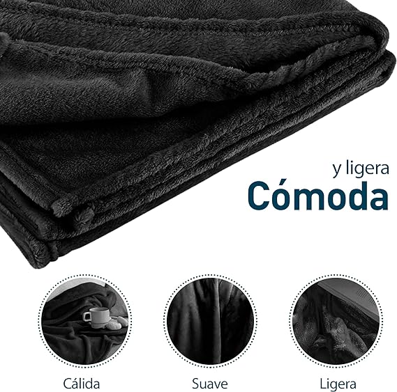 A Bluelander Cobija Individual, Franela de Alta Calidad, Frazada Cómoda y Calientita Tejido Suave y Cálido, Manta de 100% Poliéster Ultrasuave, Calidad Premium (1, Negro, Individual).