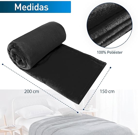 A Bluelander Cobija Individual, Franela de Alta Calidad, Frazada Cómoda y Calientita Tejido Suave y Cálido, Manta de 100% Poliéster Ultrasuave, Calidad Premium (1, Negro, Individual).