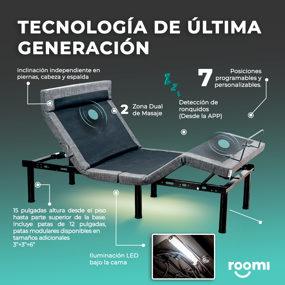 Cama Eléctrica Individual Ajustable con Control Remoto, Función Masaje y Luz Bajo Cama ROOMI.