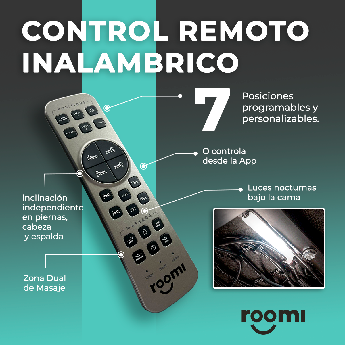 Cama Eléctrica Individual Ajustable con Control Remoto, Función Masaje y Luz Bajo Cama ROOMI.