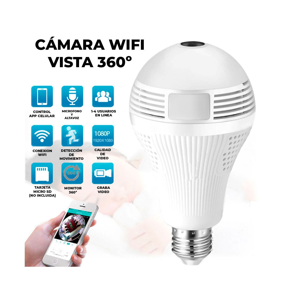 Camara De Seguridad Tipo Foco Full HD 1080p WIFI Vista Panoramica Tipo Ojo de Pez.