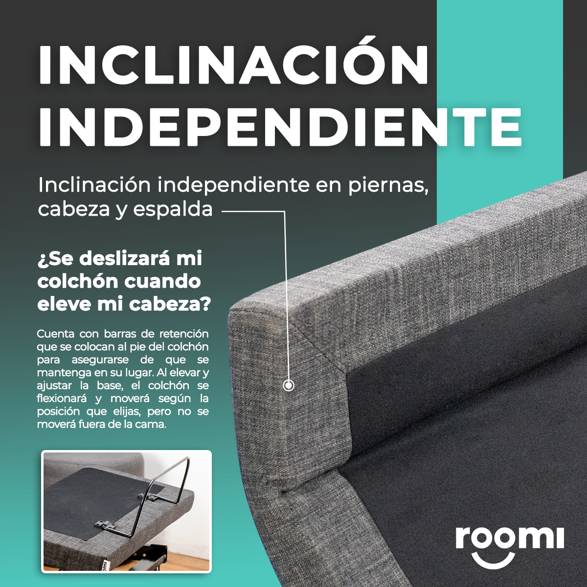 Cama Eléctrica Individual Ajustable con Control Remoto, Función Masaje y Luz Bajo Cama ROOMI.