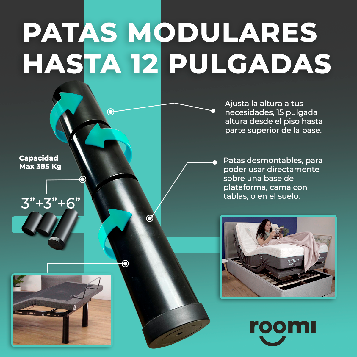 Cama Eléctrica Individual Ajustable con Control Remoto, Función Masaje y Luz Bajo Cama ROOMI.