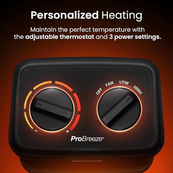 Pro Breeze Calefactor Electrico 1500W. 3 Modos y Termostato Ajustable. Calentador ceramico bajo consumo. Hogar, Oficina, Viajes - Negro.