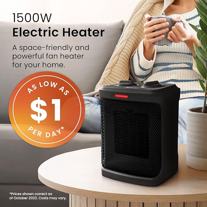 Pro Breeze Calefactor Electrico 1500W. 3 Modos y Termostato Ajustable. Calentador ceramico bajo consumo. Hogar, Oficina, Viajes - Negro.