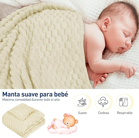 A 0000000001010 1 Cobija para Bebé de Franela, Frazada Cómoda, Calientita, Cálida, Manta de 100% Poliéster Ultrasuave, Tamaño 117 x 83 cm, Calidad Premium (Hueso/Hexágono Grande, 117x83 cm).