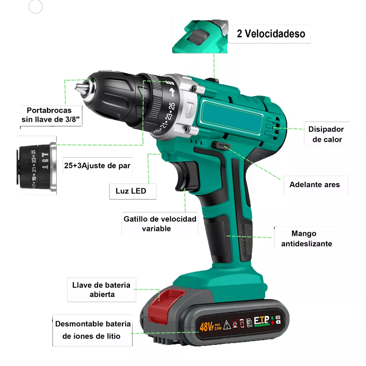 Rotomartillo electroneumático Adeske T66 inalámbrico verde oscuro con 156W de potencia 100V/240V