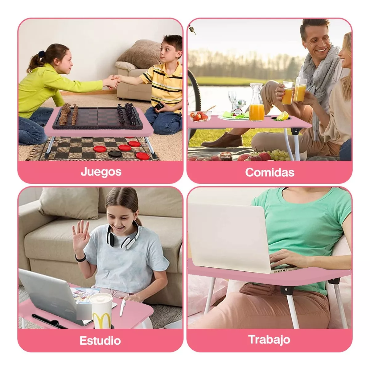 Mesa Plegable Portafolio De Madera Soporte Laptop Portátil Rosa.