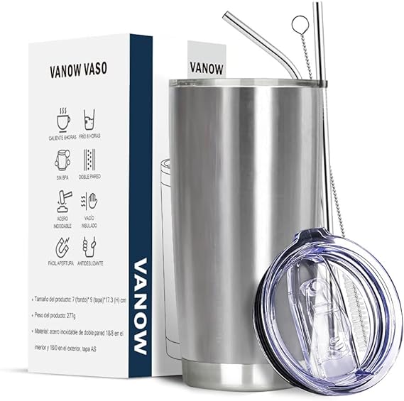 A Vaso Térmico de Acero Inoxidable, EASYTAO Taza Termica Frio y Caliente para Cafe con Tapa y Pajita, Cepillo de limpieza, Termo Infusor para Hombre, Mujer, Regalo (20oz/590ml, Acero Inoxidable)