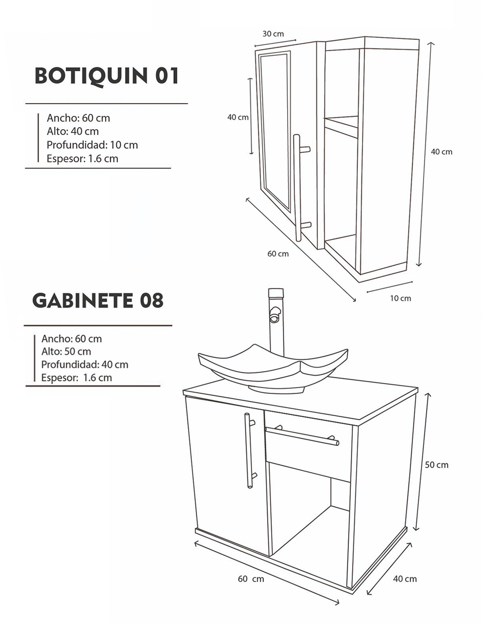 Combo De Gabinete Para Baño 08 Con Puerta Y Cajón Con Lavabo Y Monomando + Botiquin Con Espejo