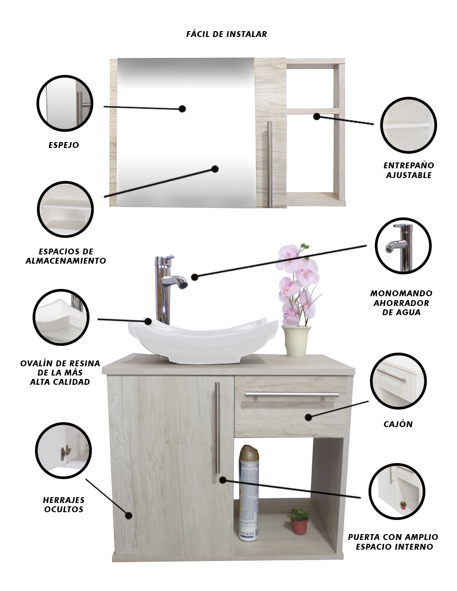 Combo De Gabinete Para Baño 08 Con Puerta Y Cajón Con Lavabo Y Monomando + Botiquin Con Espejo