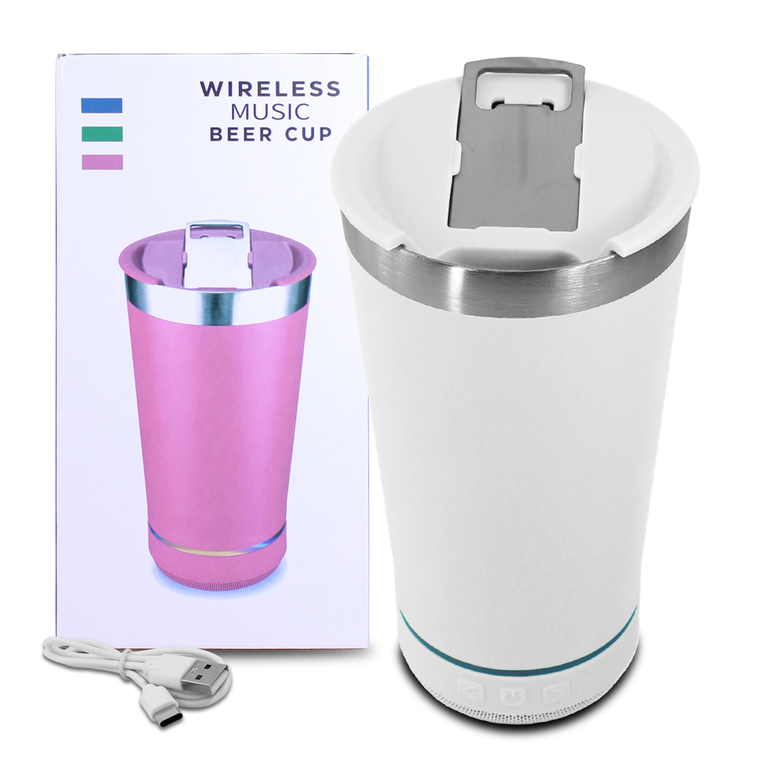 Vaso blanco Termico con altavoz Bluetooth, beer cup con abridor de botellas..