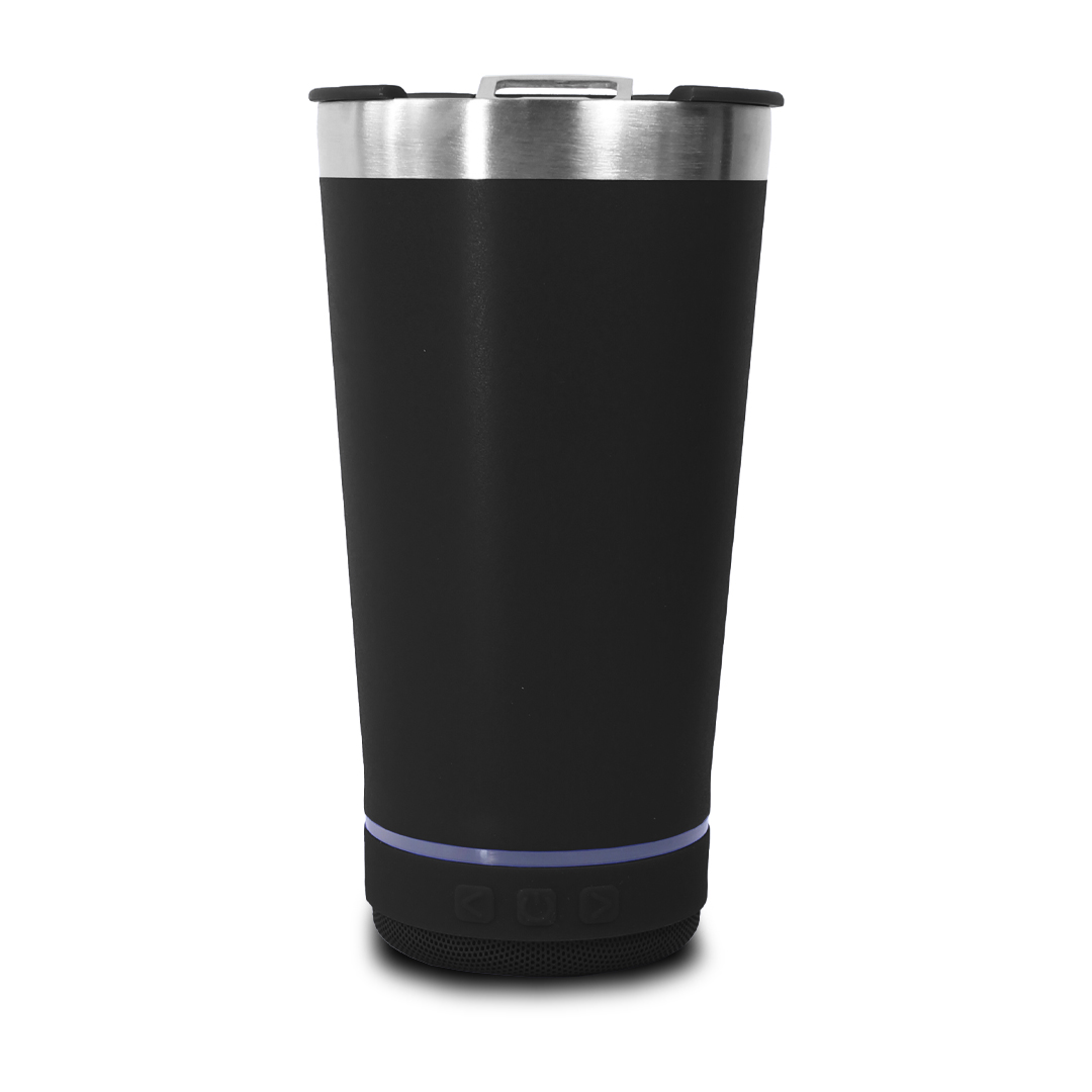 Vaso Negro Termico con altavoz Bluetooth, Termo con función de abridor de botellas..