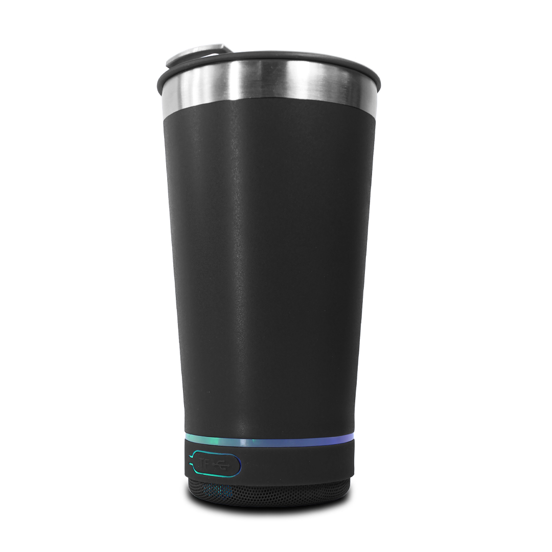 Vaso Negro Termico con altavoz Bluetooth, Termo con función de abridor de botellas..