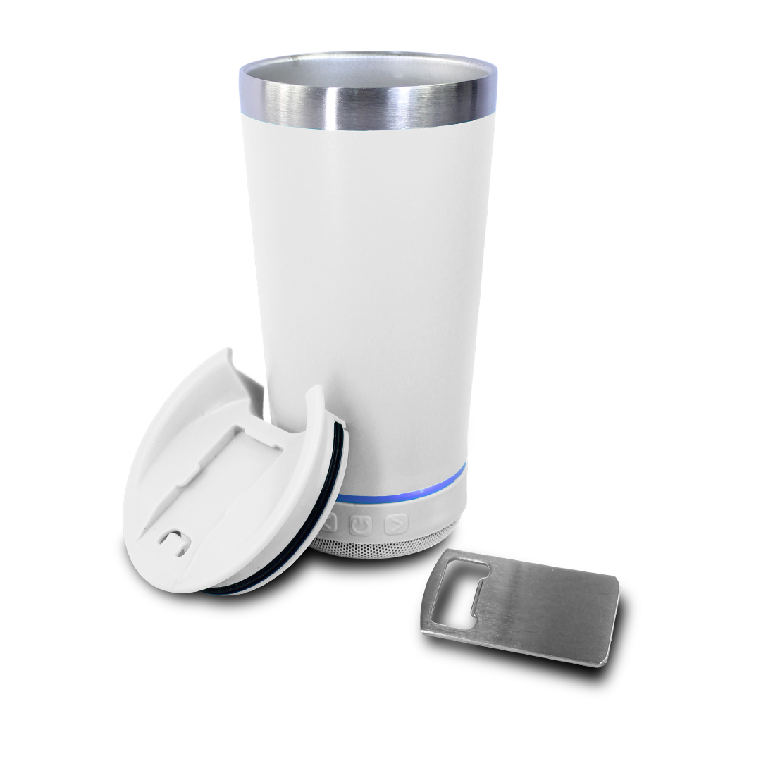 Vaso blanco Termico con altavoz Bluetooth, beer cup con abridor de botellas..