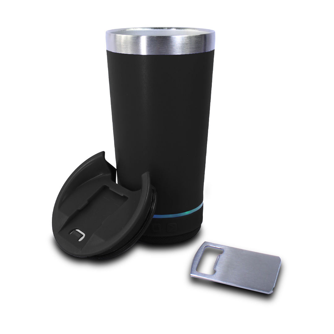 Vaso Negro Termico con altavoz Bluetooth, Termo con función de abridor de botellas..