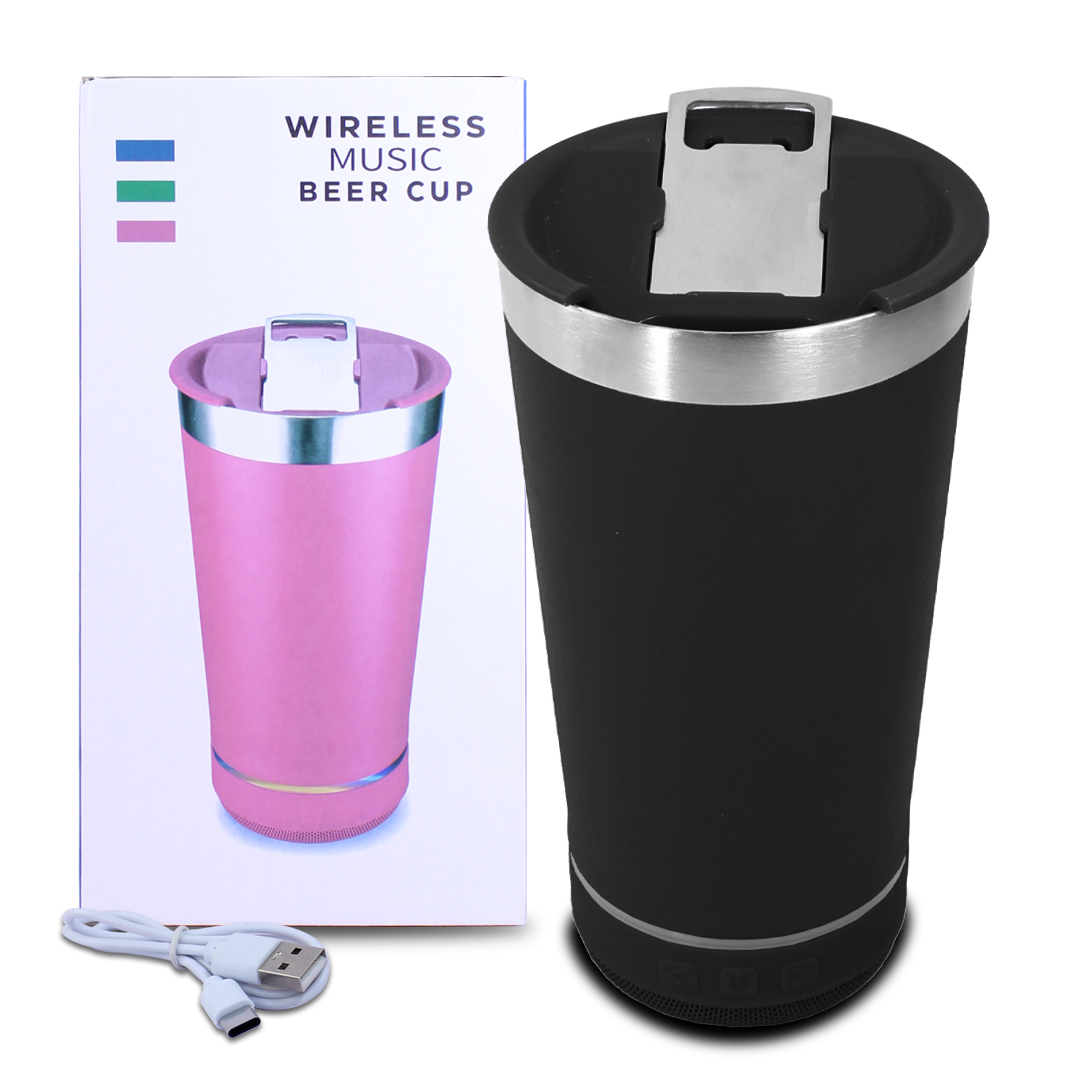Vaso Negro Termico con altavoz Bluetooth, Termo con función de abridor de botellas..