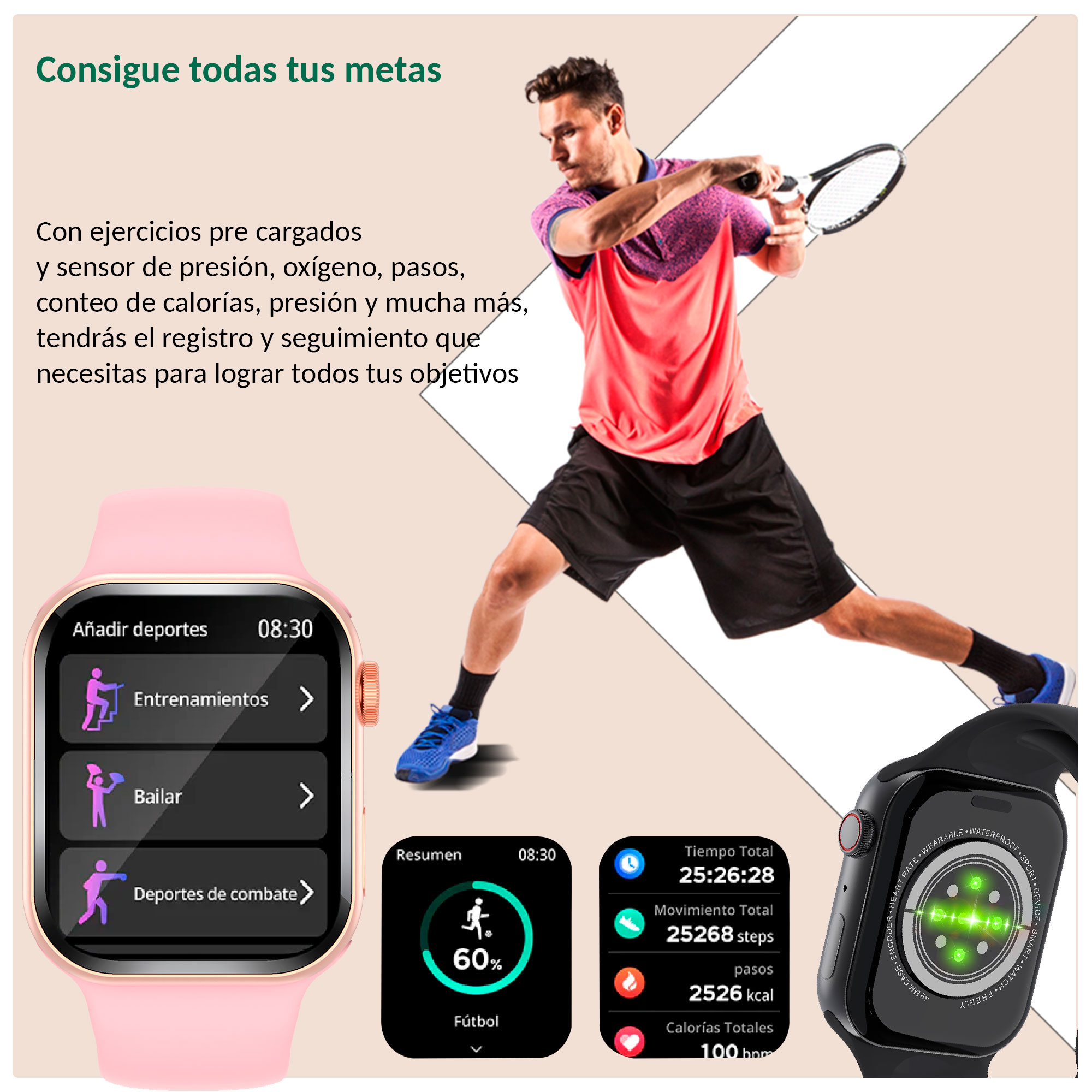 Reloj Smartwatch VAK f9 IP67 Metal Apple Health pasos Calorias Negro