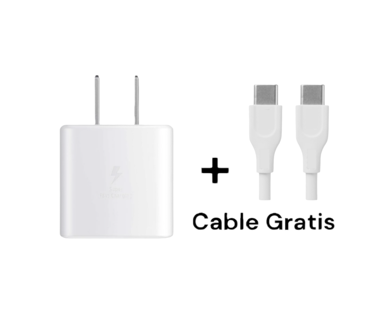 Cubo Cargador Carga Rápida Puerto Turbo Tipo-C de 45w PD más Cable Tipo C a Tipo C Gratis Color Blanco.