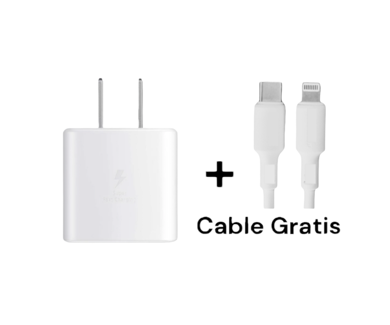 Cubo Cargador Carga Rápida Puerto Turbo Tipo-C de 45w PD más Cable Tipo C a iPhone Gratis Color Blanco.