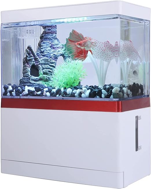 AbaqKalza Mini Pecera para Pez Betta con Filtro,1.5 Galones Pecera para Peces con Iluminación Led 3 Colores,Mini Tanque Acuario con USB Bomba de Agua para Escritorio Oficina Hogar.