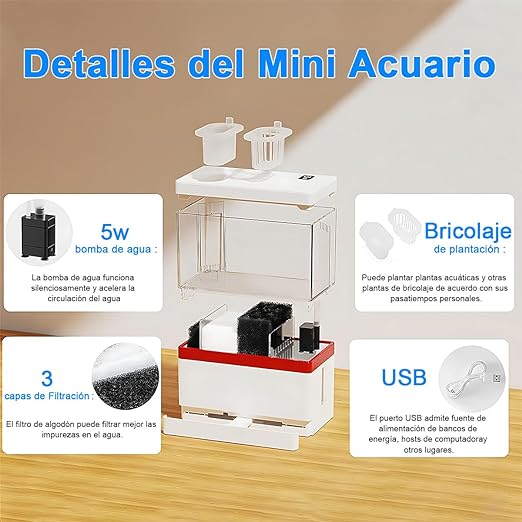 AbaqKalza Mini Pecera para Pez Betta con Filtro,1.5 Galones Pecera para Peces con Iluminación Led 3 Colores,Mini Tanque Acuario con USB Bomba de Agua para Escritorio Oficina Hogar.