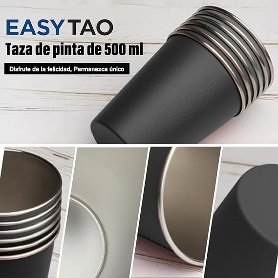 A Vasos de Acero Inoxidable Apilable 500ml 6PCS, EASYTAO Taza Termica Frio y Caliente, Diseño en Color Mate, para Hogar, Reuniones, Fiesta y Viajar (Negro).